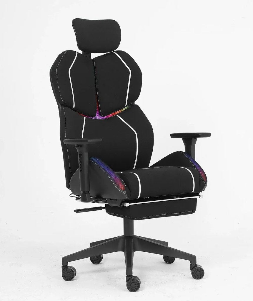 LUMINA X-Motion Pro –Scaun Gaming & Office Premium cu LED RGB, Masaj Lombar, Translație Șezut și Suport pentru Picioare – Confort Inteligent și Design Spectaculos, Textil, Negru/Alb