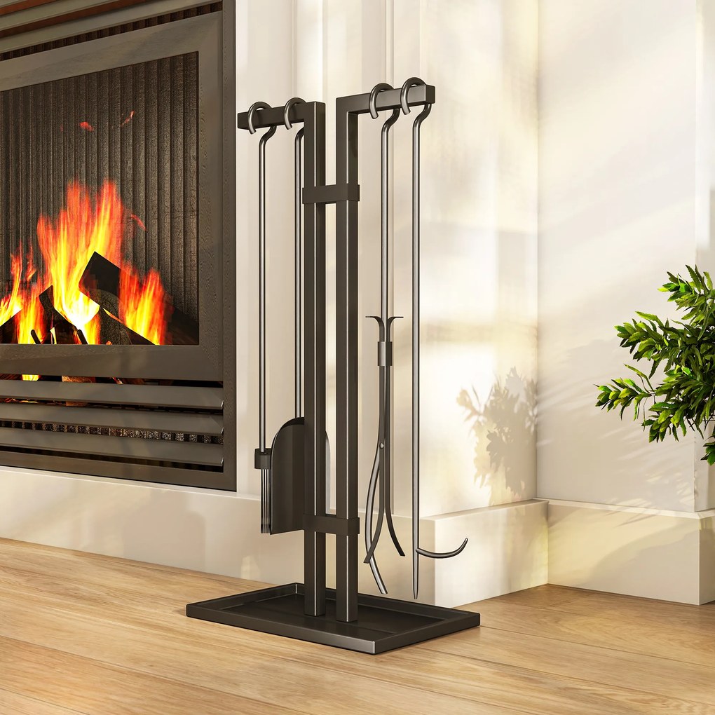 Outsunny Set servitor pentru șemineu 5 piese, unelte pentru șemineu, din metal, mătură, lopată, clește, tisonier și suport, negru | Aosom Romania
