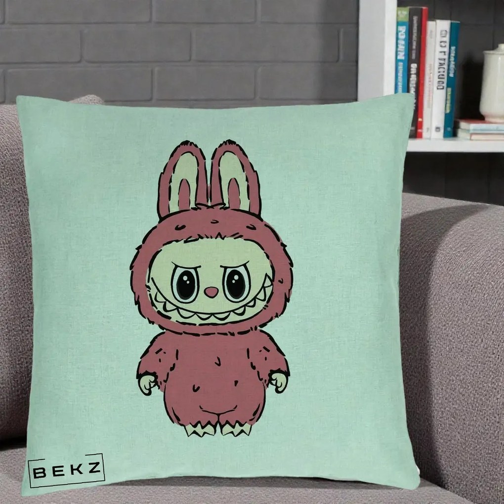 Perna Personalizata Labubu Roz Solo, 40x40 cm, Verde Menta, Husa Detasabila, Perna Inclusa, BEKZ®