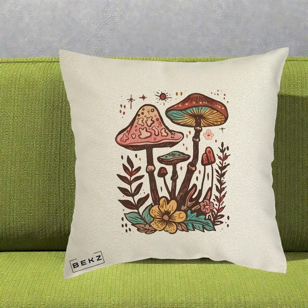Perna decorativa Ciuperci Boho Multicolore, 40x40 cm cu Umplutura, Ecru, BEKZ