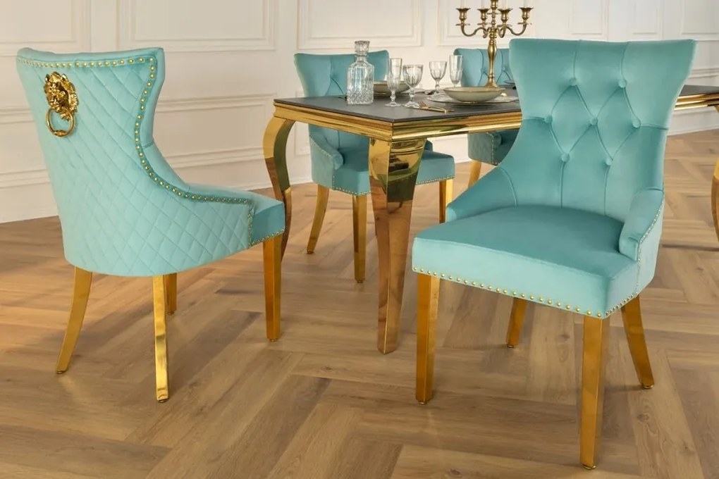 Set 2 scaune Stil Baroc, Catifea, Albastru Deschis, Metal, Auriu, Castle