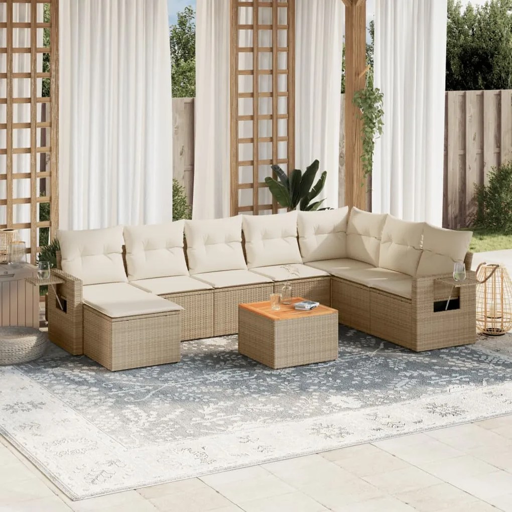 vidaXL Set canapele de grădină, 9 piese, cu perne, bej, poliratan