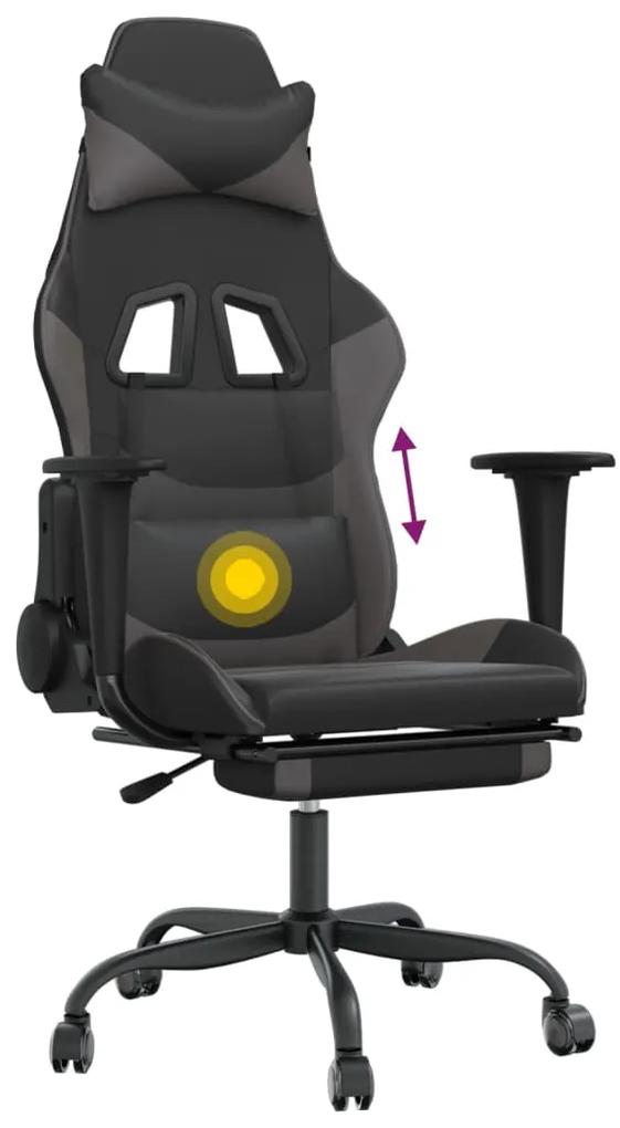 Scaun de gaming cu masaj suport picioare, negru gri, piele eco