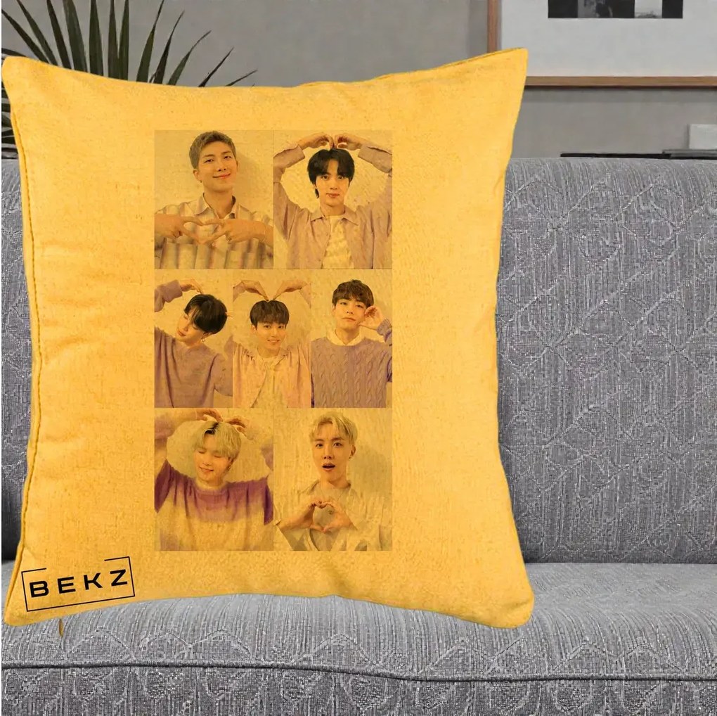 Perna Personalizata K-pop BTS Colaj 7 Portrete cu Inimi Lila, 40x40 cm, Galben, Husa Detasabila, Perna Inclusa, BEKZ®
