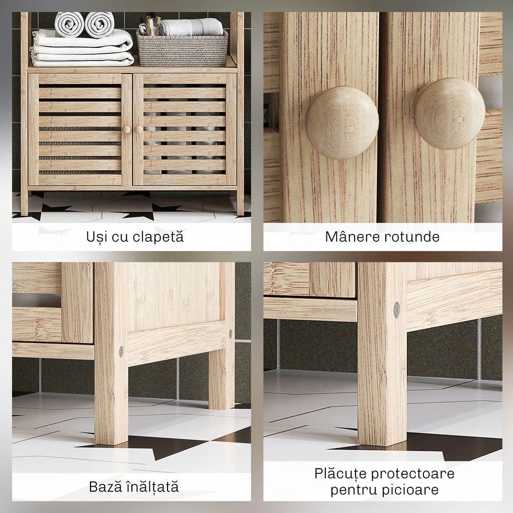 HOMCOM Mobilier Baie cu 3 Rafturi, mobilier de baie din Bambus, 63x30x138 cm, Alb | Aosom Romania
