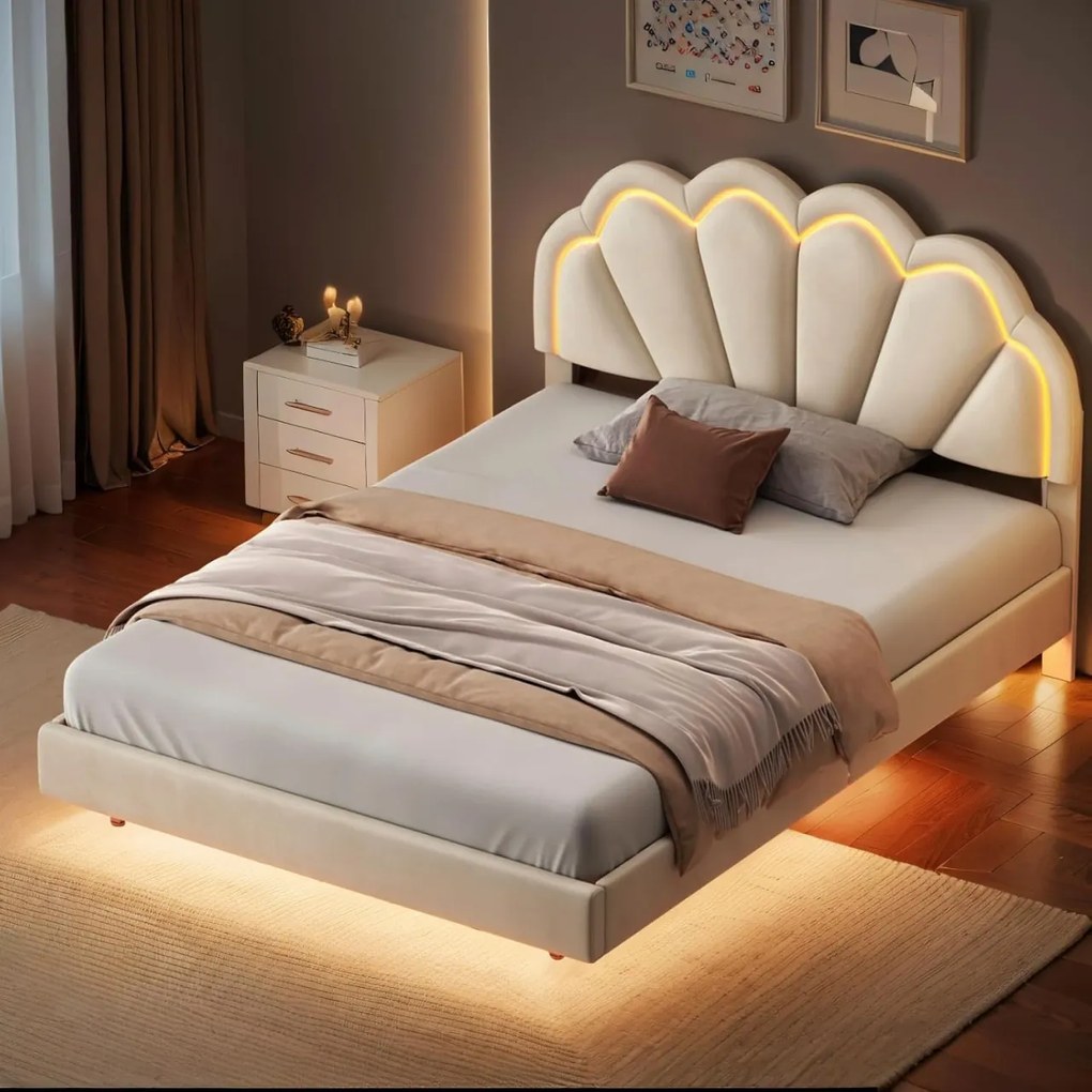 PARC7 - Pat tapitat cu LED, 140 x 200 cm - patut copii, fetite - Catifea Roz sau Crem