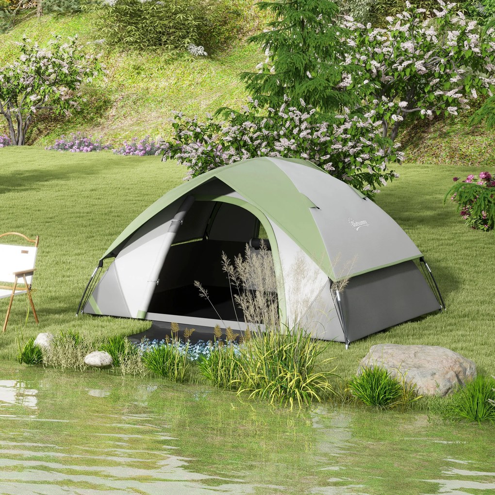 Outsunny Cort de Camping cu 3 Locuri, Geam din Plasă și Cârlig Felinar, Cort de Camping din PE, 270x210x150 cm, Verde | Aosom Romania