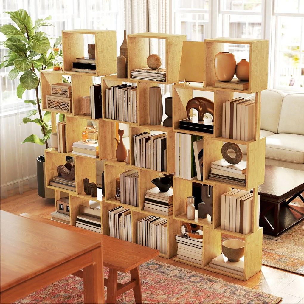 HOMCOM Librărie modernă și asimetrică cu 5 niveluri din bambus, 62.5 x 23 x 165 cm, lemn | Aosom Romania