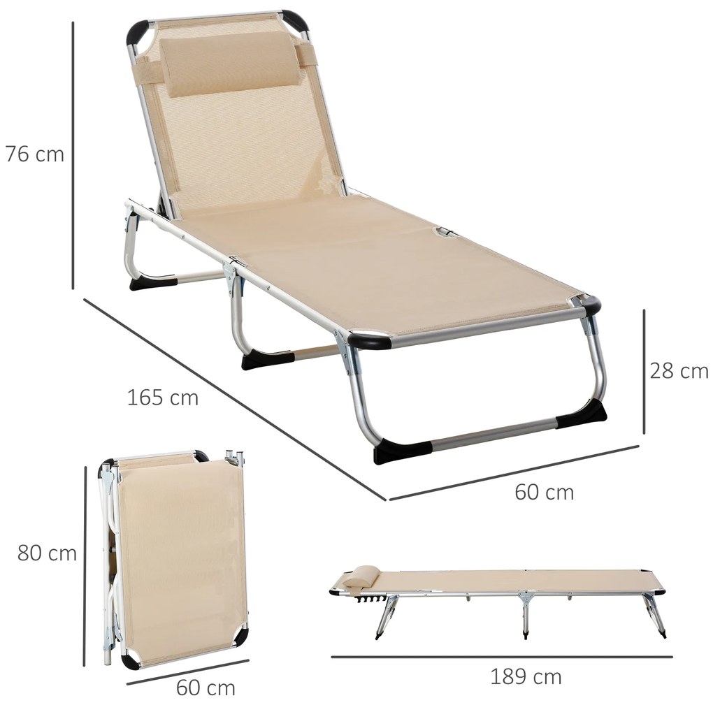 Outsunny Șezlong de plajă, chaise longue pliante cu suport pentru cap, spătar reglabil, aluminiu și textilene, bej | Aosom Romania