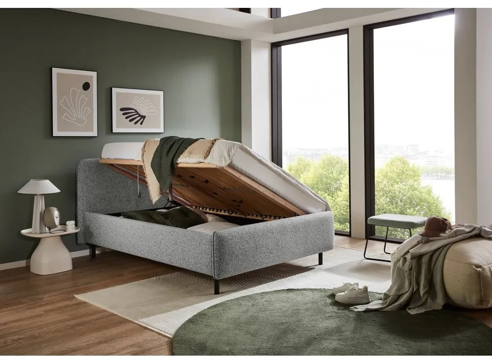 Pat matrimonial gri deschis tapițat cu spațiu de depozitare cu somieră 160x200 cm Primo – Meise Möbel