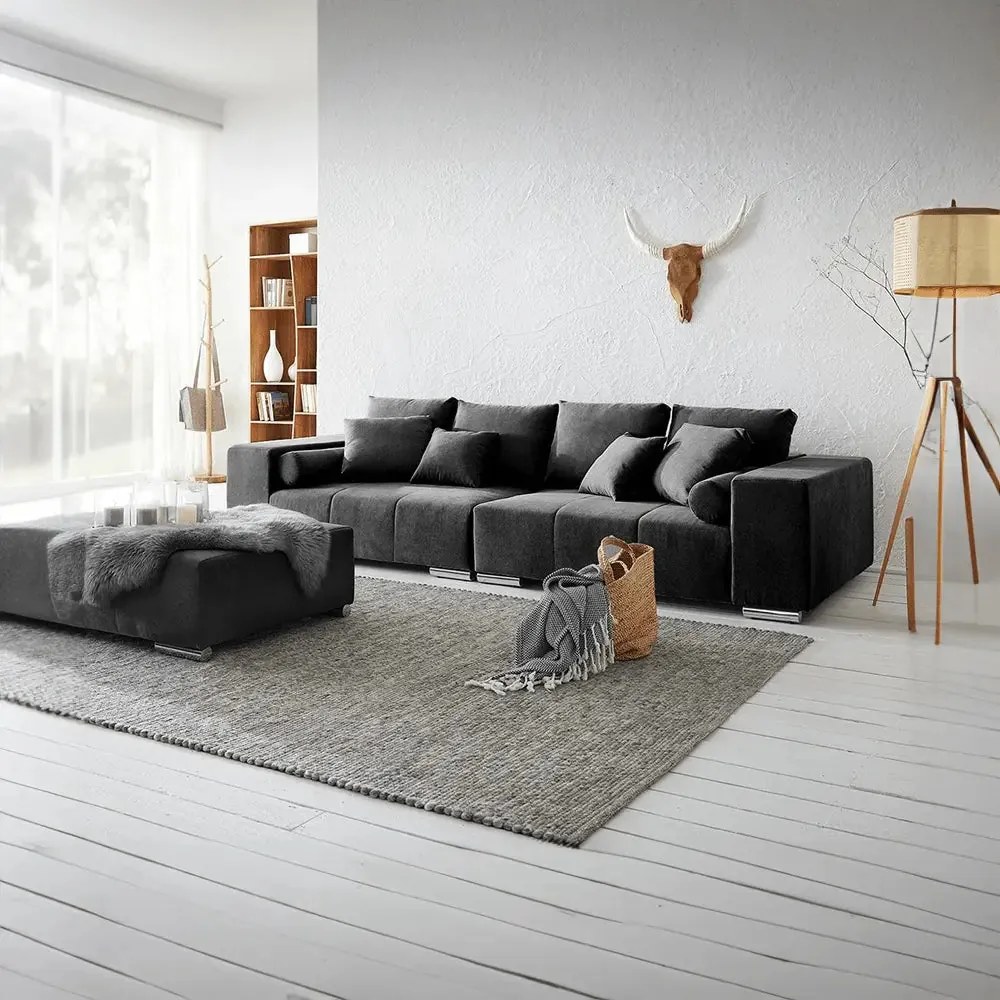 Canapea extensibilă dumonde cu ladă de depozitare si sezut confortabil din spuma high-density, Marbela Enjoy Black XXL 295x100 cm cu taburet inclus