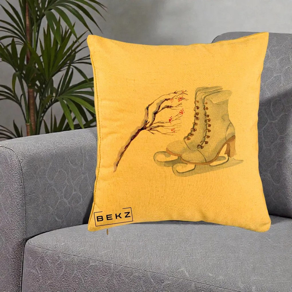 Perna Decorativa Patine cu Ramuri Inzapezite, 40x40 cm, Galben, Husa Detasabila, Perna Inclusa, BEKZ®