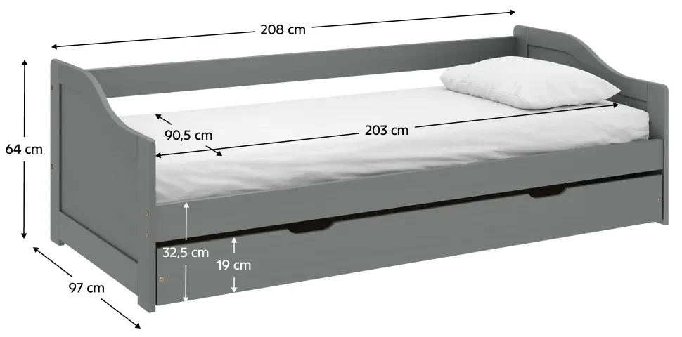 Pat cu pat suplimentar extensibil, gri, lemn masiv, 90x200, LAURA NEW