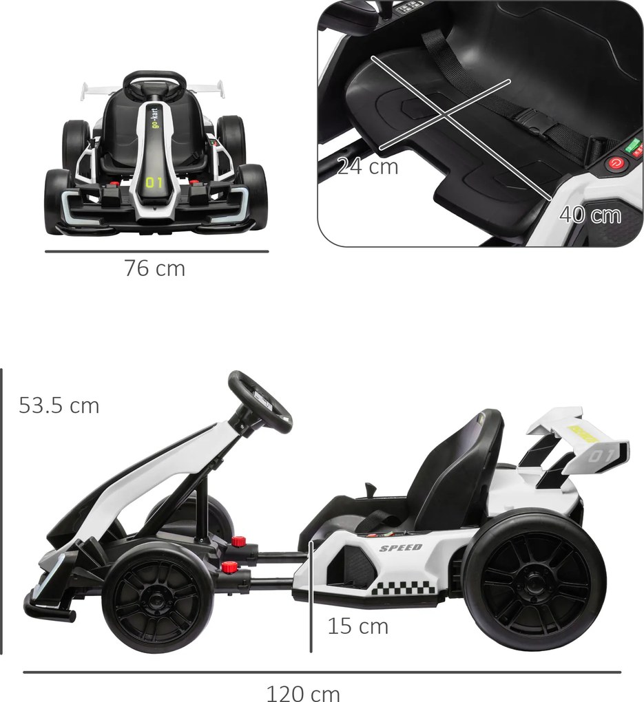 Kart electric pentru copii cu vârsta între 6-12 ani 24V 12km/h cu scaun reglabil, Drift Go-kart cu claxon, lumini, alb HOMCOM | Aosom Romania