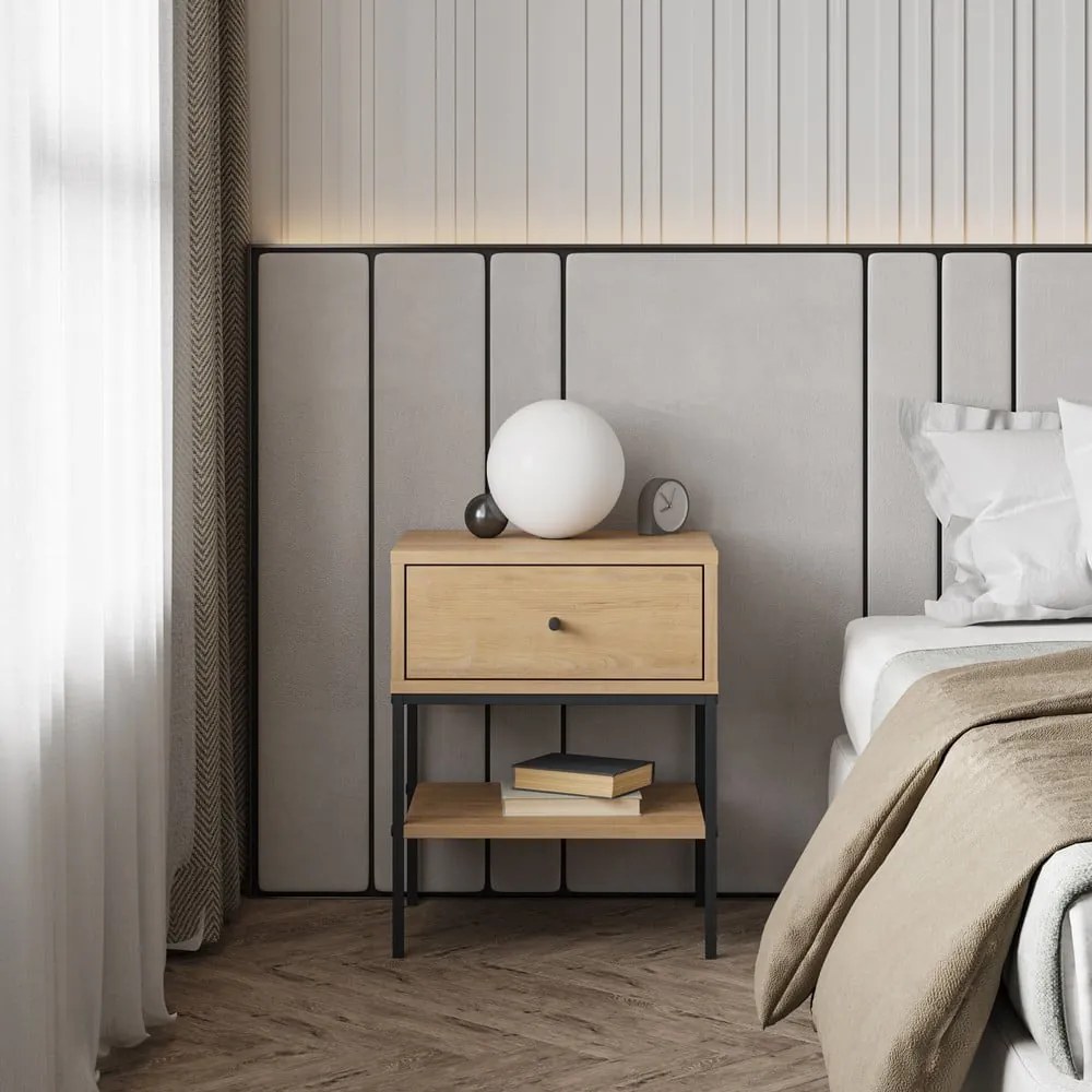 Noptieră în culoare naturală cu rafturi cu aspect de lemn de stejar Lisa – Marckeric