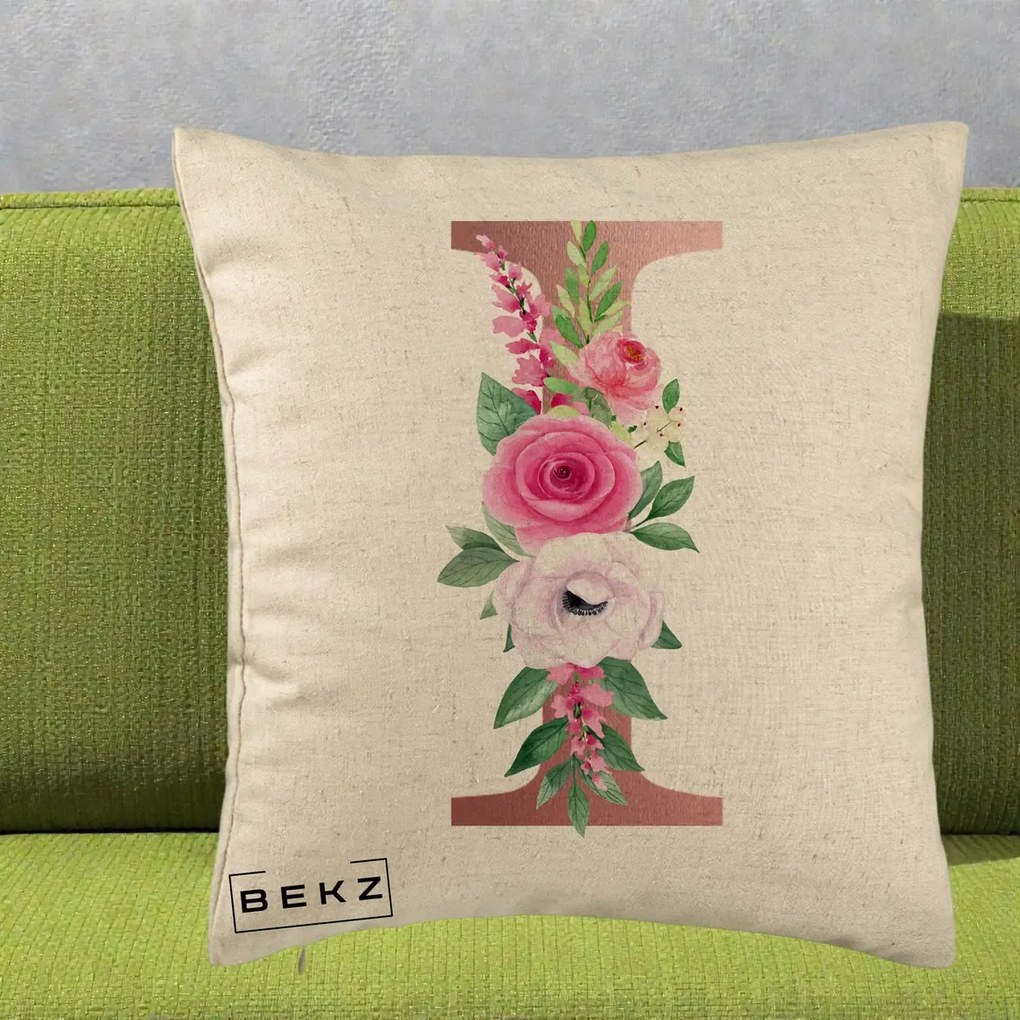 Cadou Personalizat - Perna Personalizata Monograma Rose Gold Litera I, 40x40 cm, Bej, Husa Detasabila, Perna Inclusa, BEKZ®