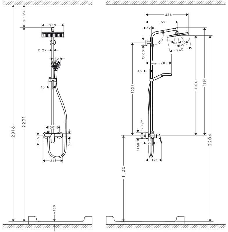 Set de dus Hansgrohe, Crometta E 240, cu palarie, para si baterie de dus, crom