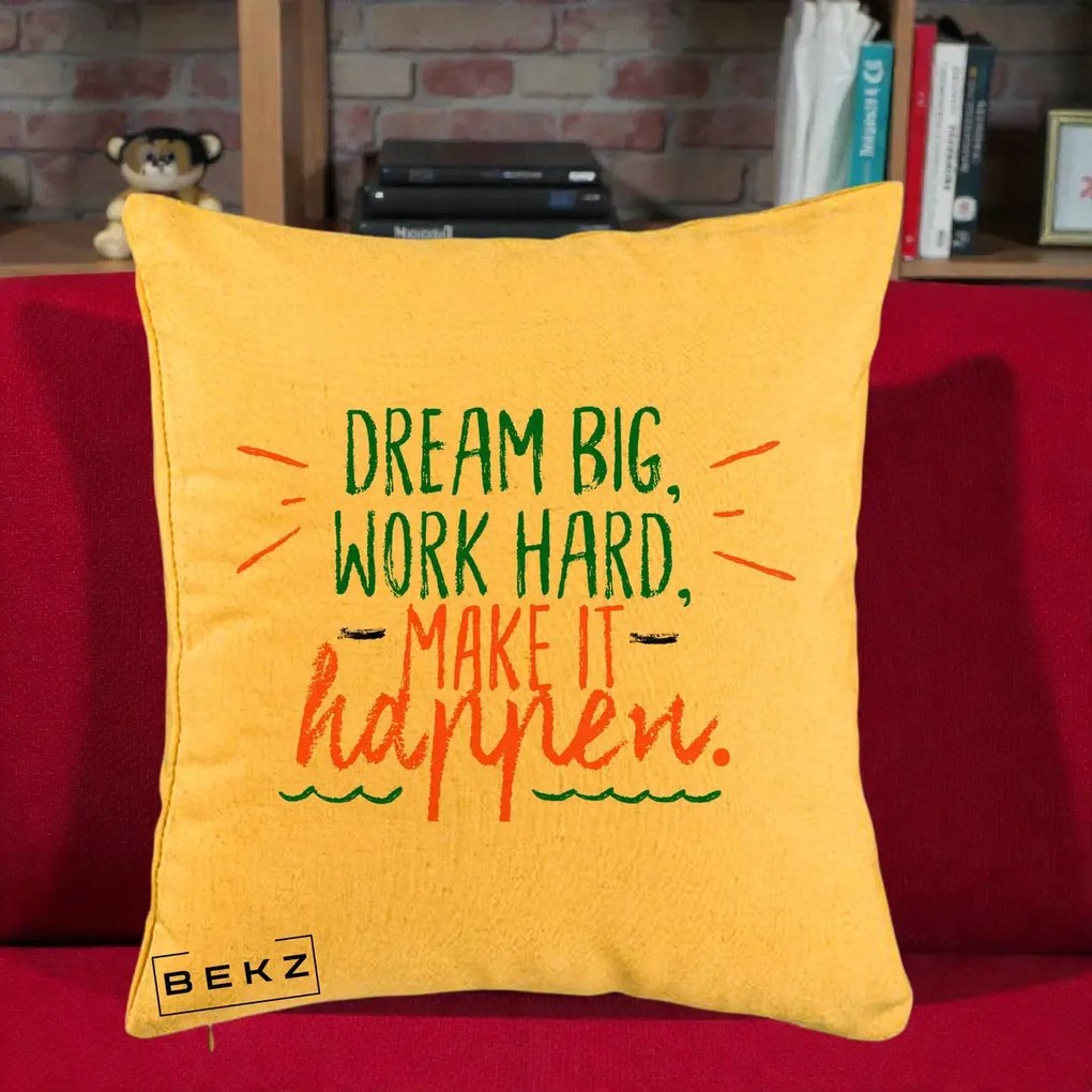 Perna Decorativa Dream Big Work Hard Mesaj Motivational, 40x40 cm, Galben, Husa Detasabila, Perna Inclusa, BEKZ®