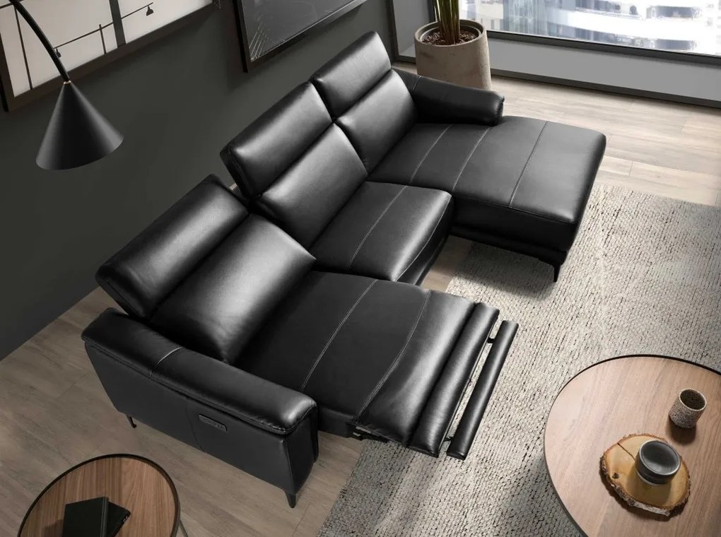 Coltar LUX design italian cu sezlong dreapta si functia relax Cowhide negru