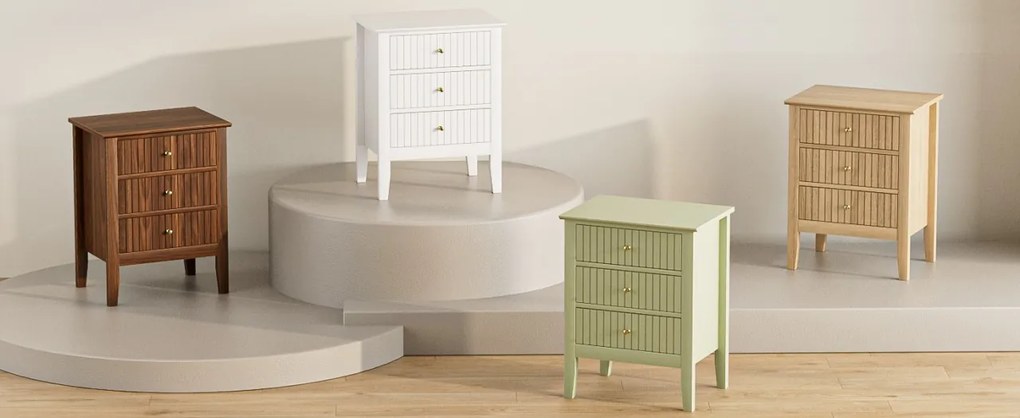 NOA71 - Set 2x Noptiere 45 cm, cu 3 sertare, dormitor - Alb / Maro / Crem / Verde - Auriu