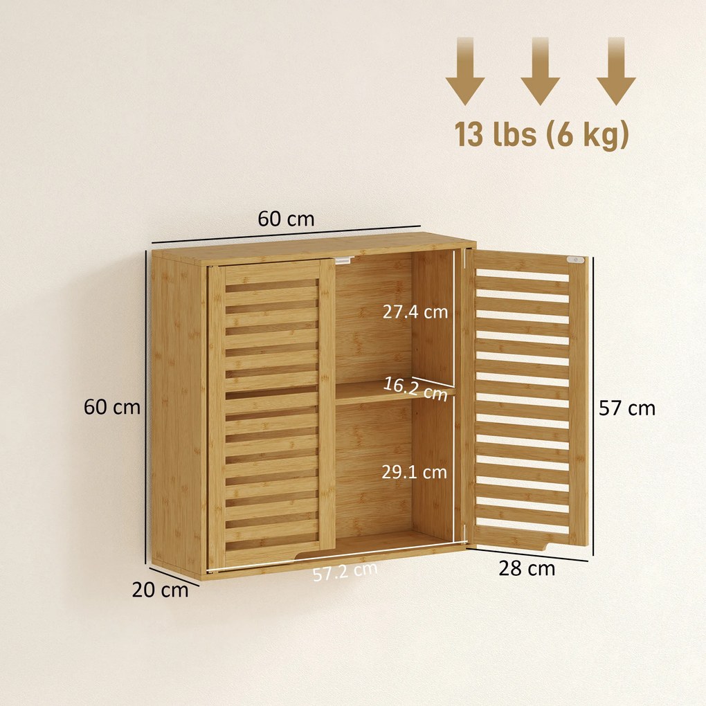 HOMCOM Dulap de Baie cu Raft Intern Reglabil și Uși Tip Lamă, din Bambus, 60x20x60 cm, Culoare Lemn | Aosom Romania