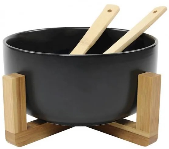 Bol salata Black Rail, ceramica, suport bambus, 20 x 10 cm
