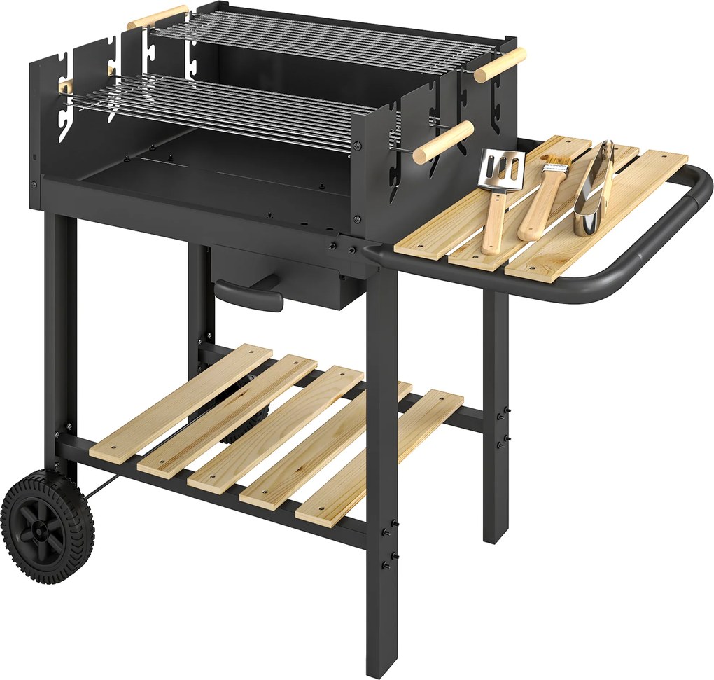 Outsunny Cărucior de grătar din lemn cu 2 grătare reglabile, grătar pe cărbuni pe roți, poliță laterală, negru | Aosom Romania