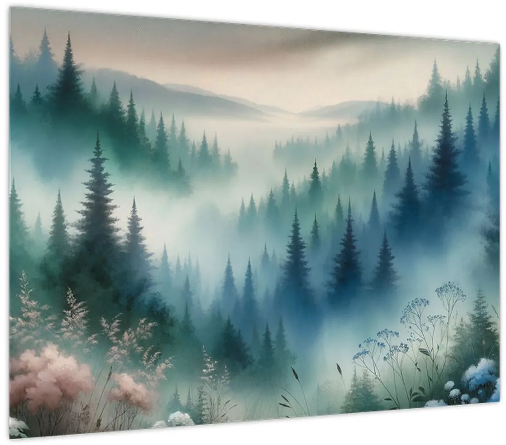 Tablou pe sticlă - Peisaj forestier cu ceață (70x50 cm)