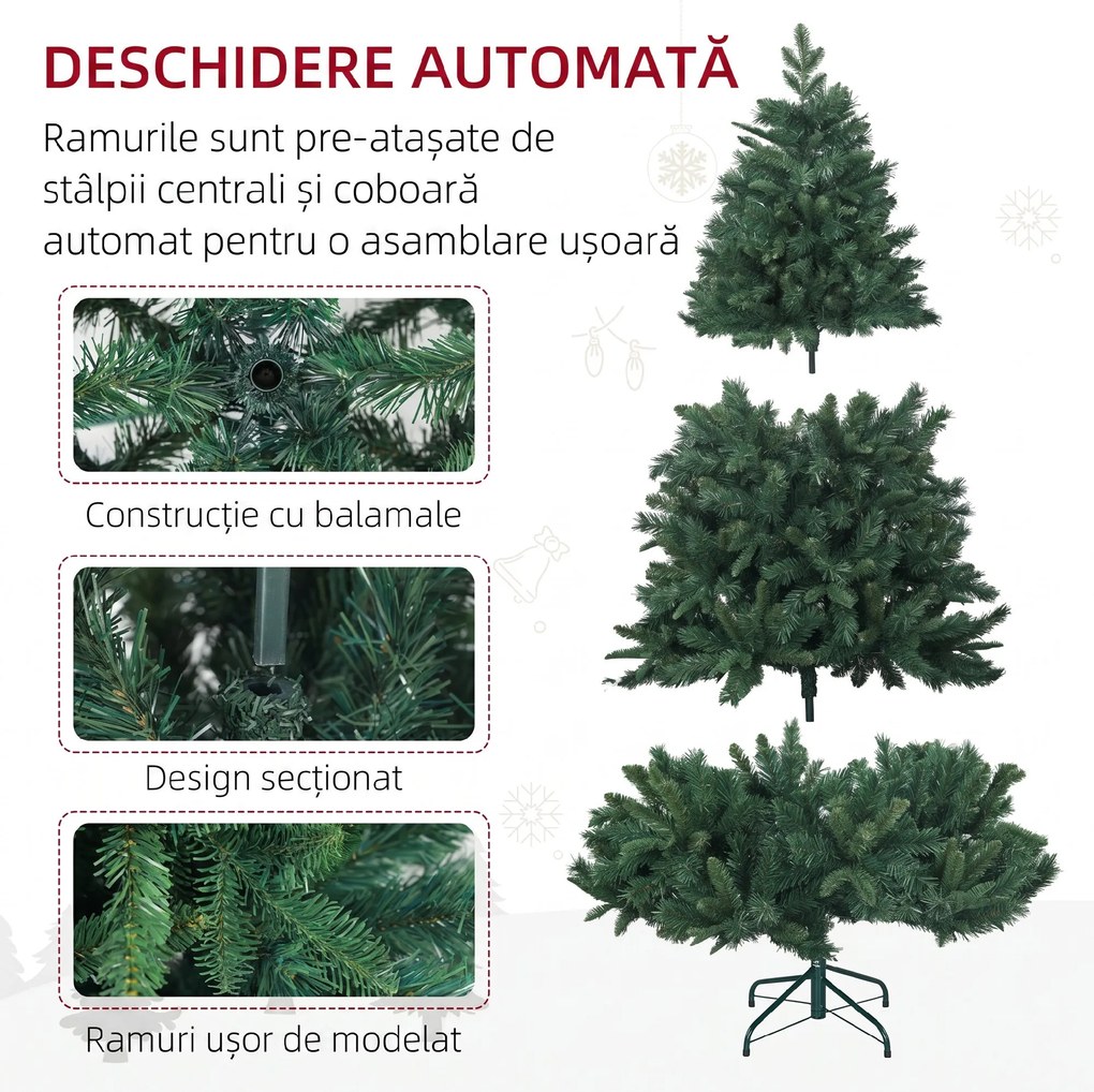 HOMCOM Pom de Crăciun Artificial, Brad Realist Pliabil cu Design cu Balamale și Bază Metalică, Ø102x180 cm, Verde | Aosom Romania