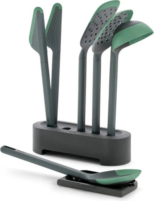 Set ustensile de bucatarie Lekue 1010178, 6 piese + suport, Margine din silicon, +4°C/+220°C, Verde