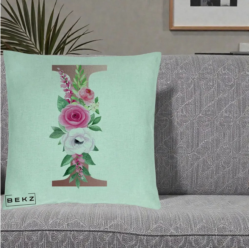 Cadou Personalizat - Perna Personalizata Monograma Rose Gold Litera I, 40x40 cm, Verde Menta, Husa Detasabila, Perna Inclusa, BEKZ®
