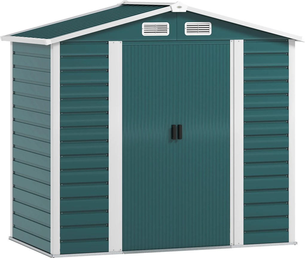 Outsunny Căsuță de Grădină din Metal cu Uși Glisante și Lacăt cu Chei, 2,1x1,2x1,9m, Verde | Aosom Romania