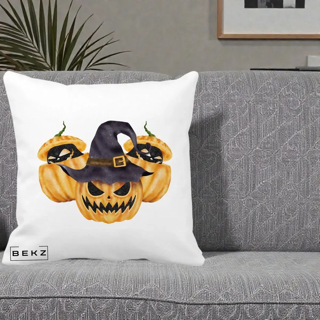 Perna Decorativa Trio Dovleci Jack-o-Lantern cu Palarie Vrajitoare, 40x40 cm, Alba Mata, Husa Detasabila, Perna Inclusa, BEKZ®