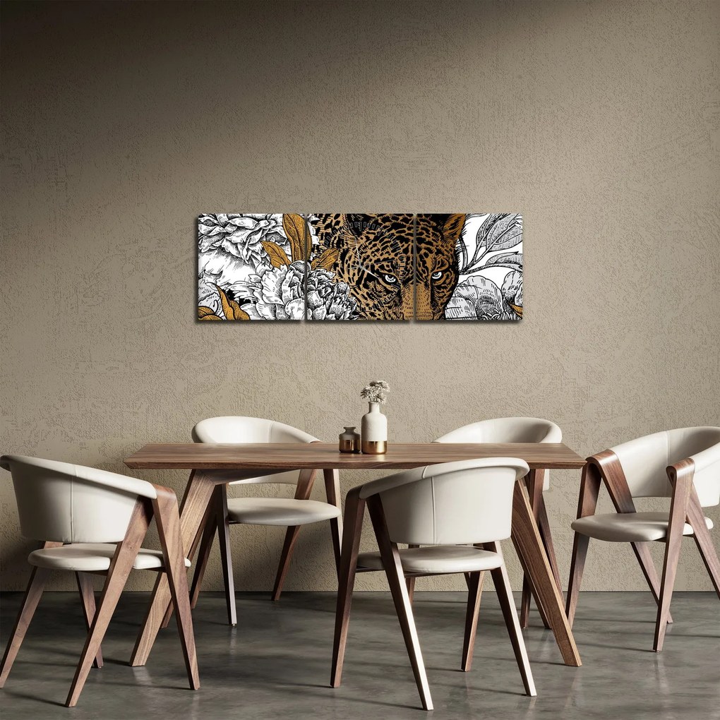 Tablou - Leopard între flori (cu ceas) (90x30 cm)