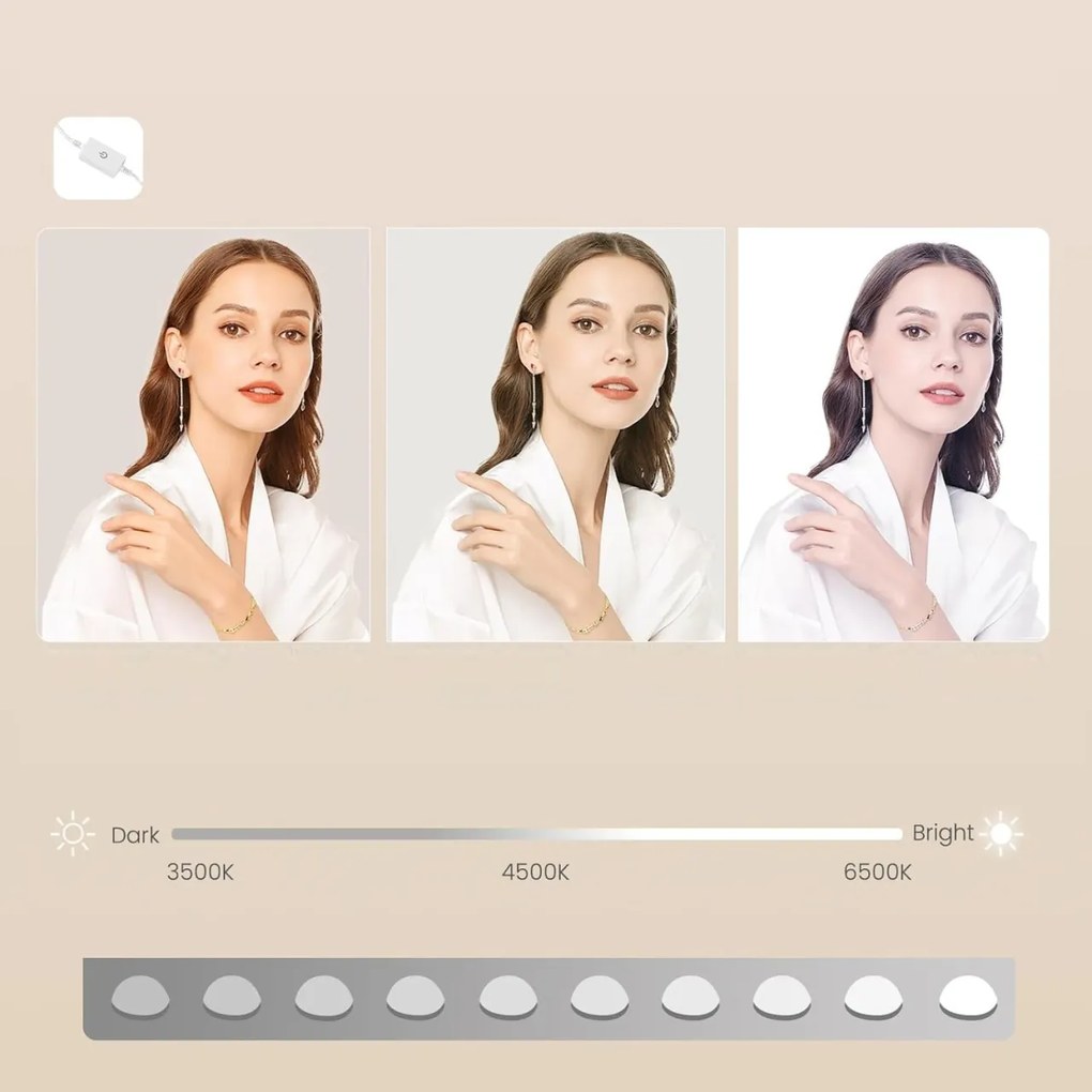 Masuta machiaj cu Oglinda LED si 3 Sertare pentru Cosmetice, Set Masa toaleta 102 cm, Alb, masuta cosmetica, vanity - SEA817