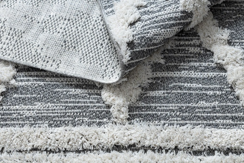 Covor ECO SISAL BOHO MOROC Caro 22297 franjuri - două niveluri de lână gri / cremă, covor reciclat