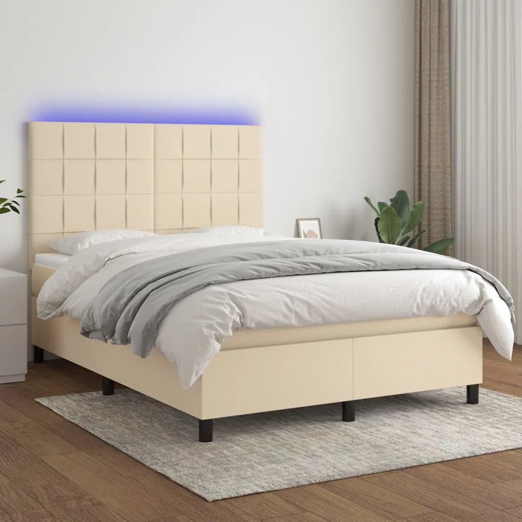 vidaXL Pat cu arcuri, saltea și LED, crem, 140x190 cm, textil