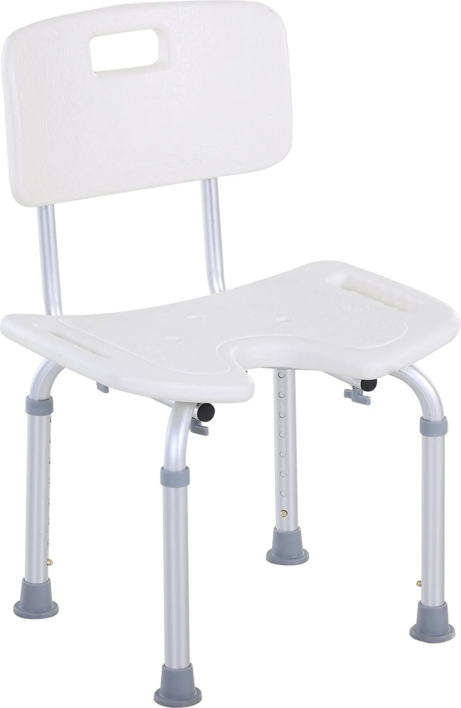 HOMCOM Scaun de Duș Reglabil pe 8 Nivele cu Orificii de Drenaj și Șezut în Formă de U, 48x42x71-83,5 cm, Alb | Aosom Romania