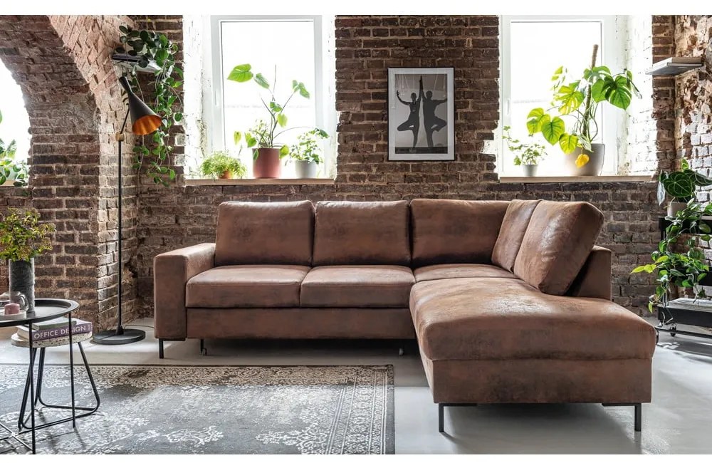 Colțar maro extensibil cu tapițerie din imitație de piele (cu colț pe partea dreaptă) Lofty Lilly – Miuform