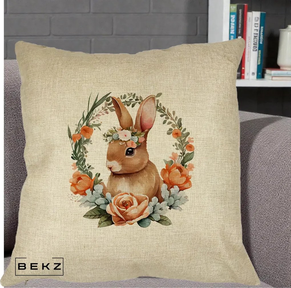 Perna Decorativa Iepuras Floral Coronita Acuarela, 40x40 cm, Crem, Husa Detasabila, Perna Inclusa, BEKZ®
