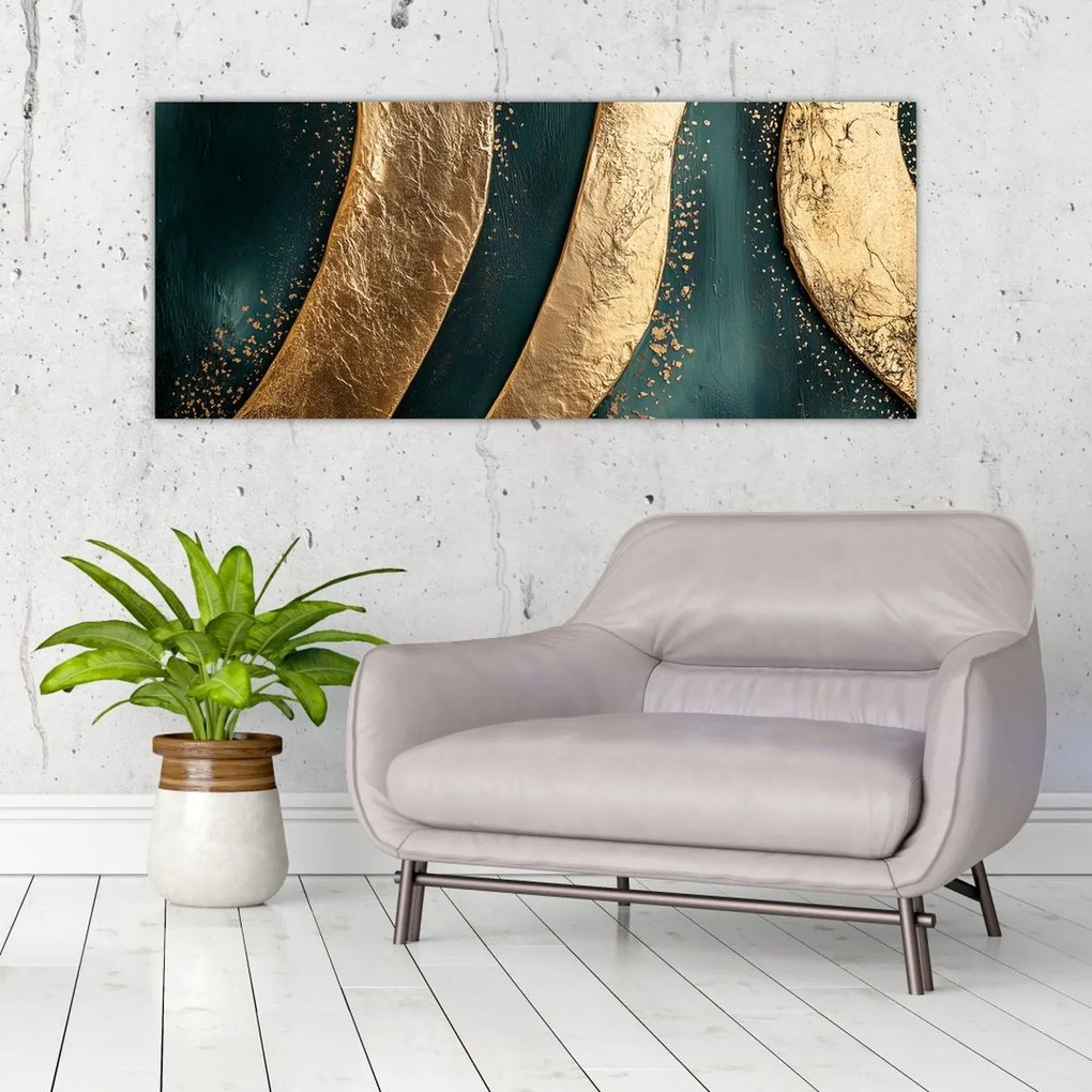 Tablou - Abstracție verde cu auriu I. (120x50 cm)