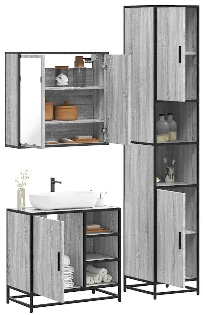 vidaXL Set mobilier de baie, 3 piese, gri sonoma, lemn prelucrat