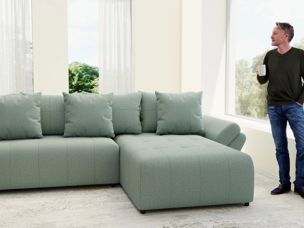 Colțar extensibil dumonde cu ladă de depozitare si sezut confortabil din spuma high-density, Berlin U Enjoy Mint 380x180 cm