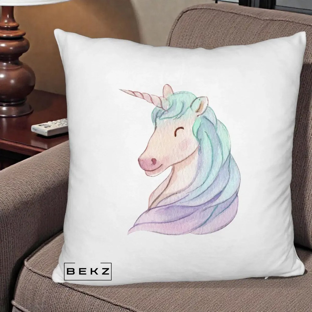 Perna Decorativa Unicorn Acuarela Pastel, 40x40 cm, Alb Pufos, Husa Detasabila, Perna Inclusa, BEKZ®