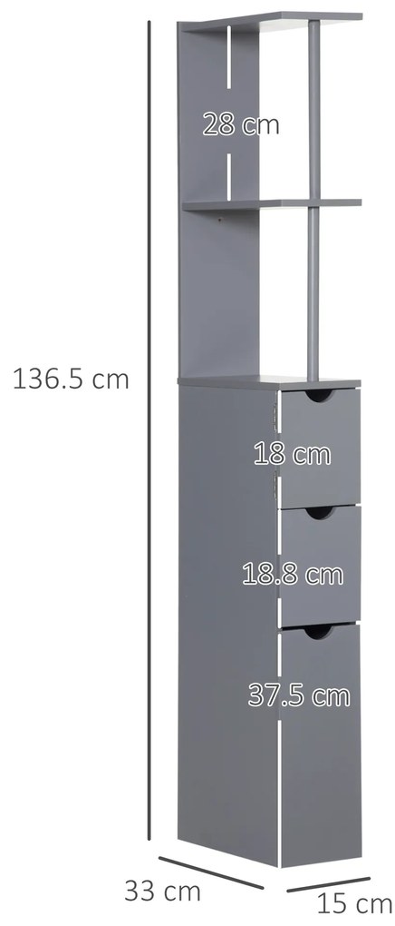 HOMCOM Coloană de Baie Modernă Mueble Auxiliar de Baño cu 2 Rafturi 2 Sertare și 1 Ușă Antivoltaică 15x33x136,5 cm Gri | Aosom Romania