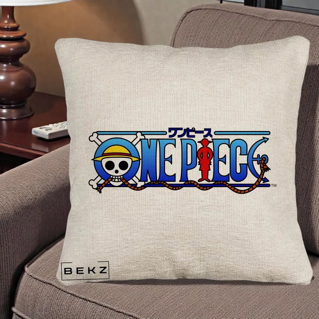 Perna Personalizata One Piece Clasic Albastru, 40x40 cm, Bej Canapea, Husa Detasabila, Perna Inclusa, BEKZ®