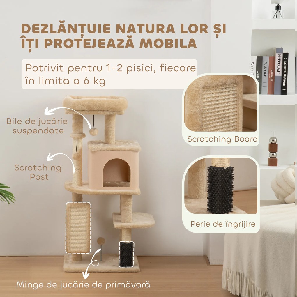 PawHut Arbore pentru Pisici Multilevel Înalt 132 cm cu Căsuță, Culcuș, Stâlpi Zgâriători, Perie și Biliță, Bej | Aosom Romania