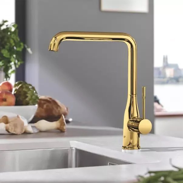 Baterie bucatarie Grohe Essence pipa rotativa auriu lucios Cool Sunrise