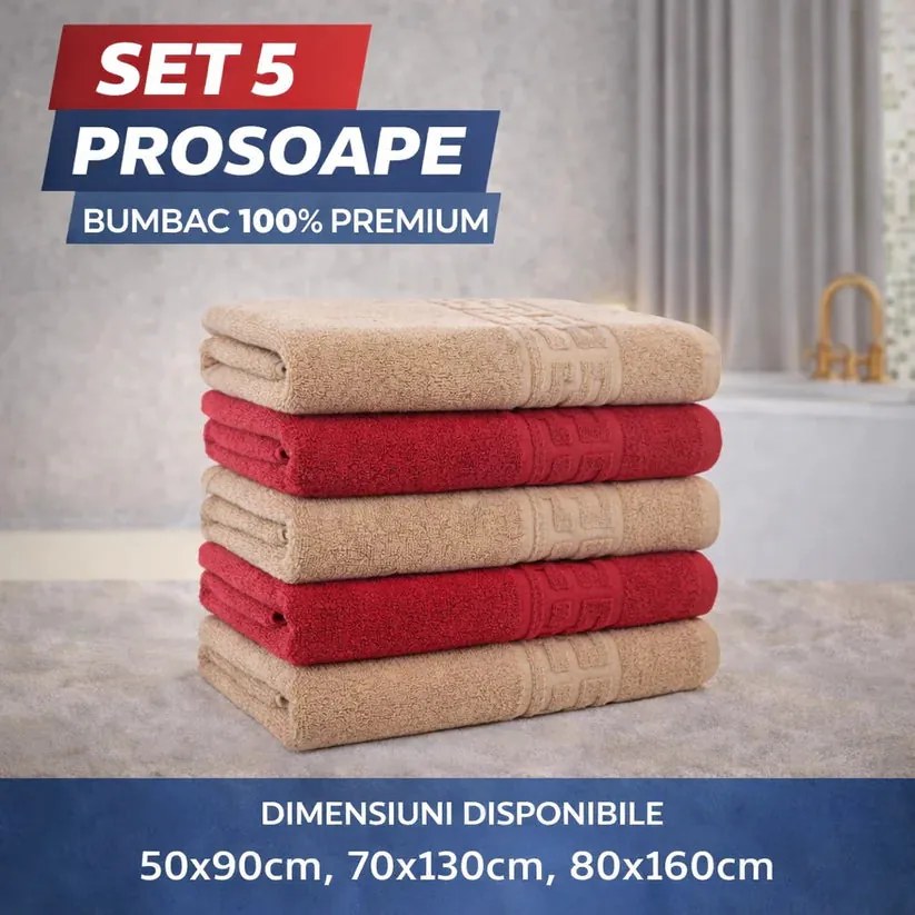 Set 5 Prosoape Baie 550g/m² Premium, 100% Bumbac, Absorbante și Pufoase