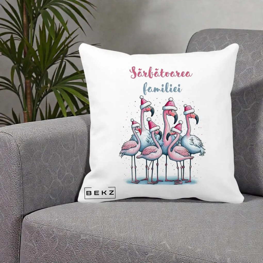 Perna Decorativa Flamingo Craciun Sarbatoarea Familiei, 40x40 cm, Alba Mata, Husa Detasabila, Perna Inclusa, BEKZ®